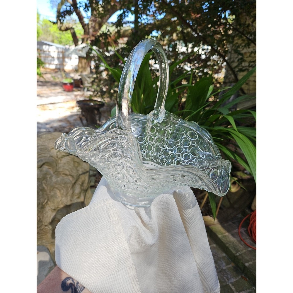 Vintage Clear Glass Basket 10" Scalloped Thousand Eye Centerpiece Cottagecore